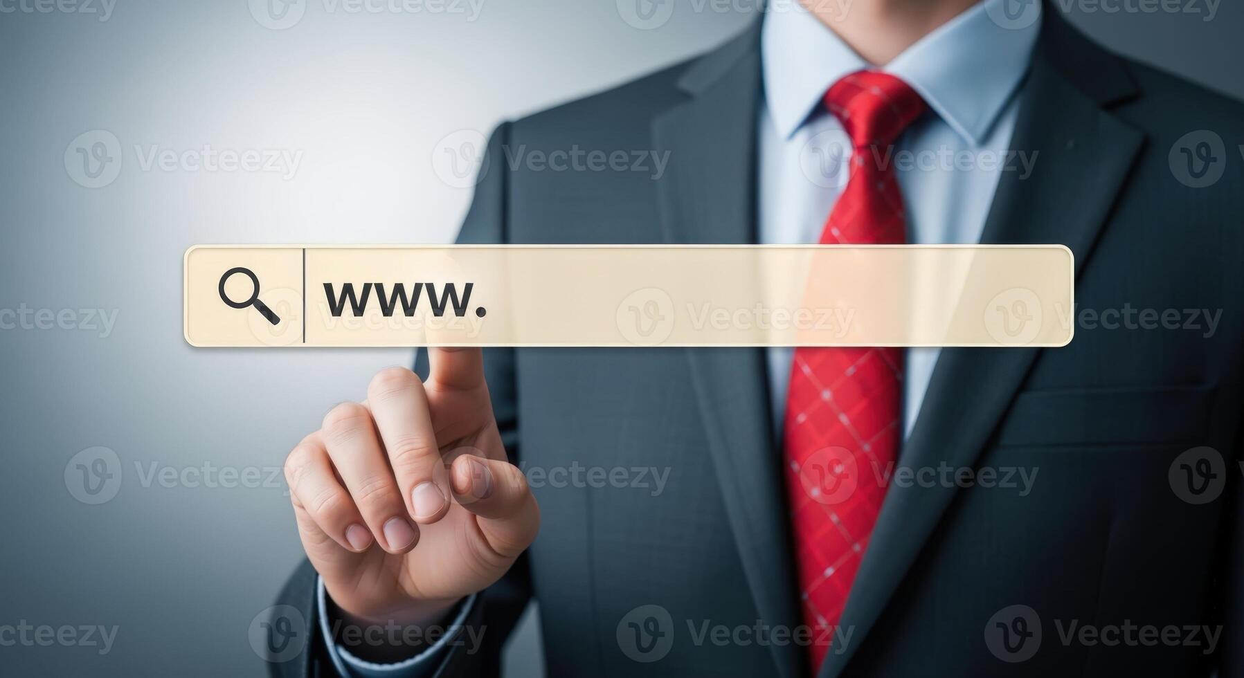 Businessman Touching Search Bar on Virtual Screen, Internet Navigation Concept, Digital Access and Global Connectivity photo