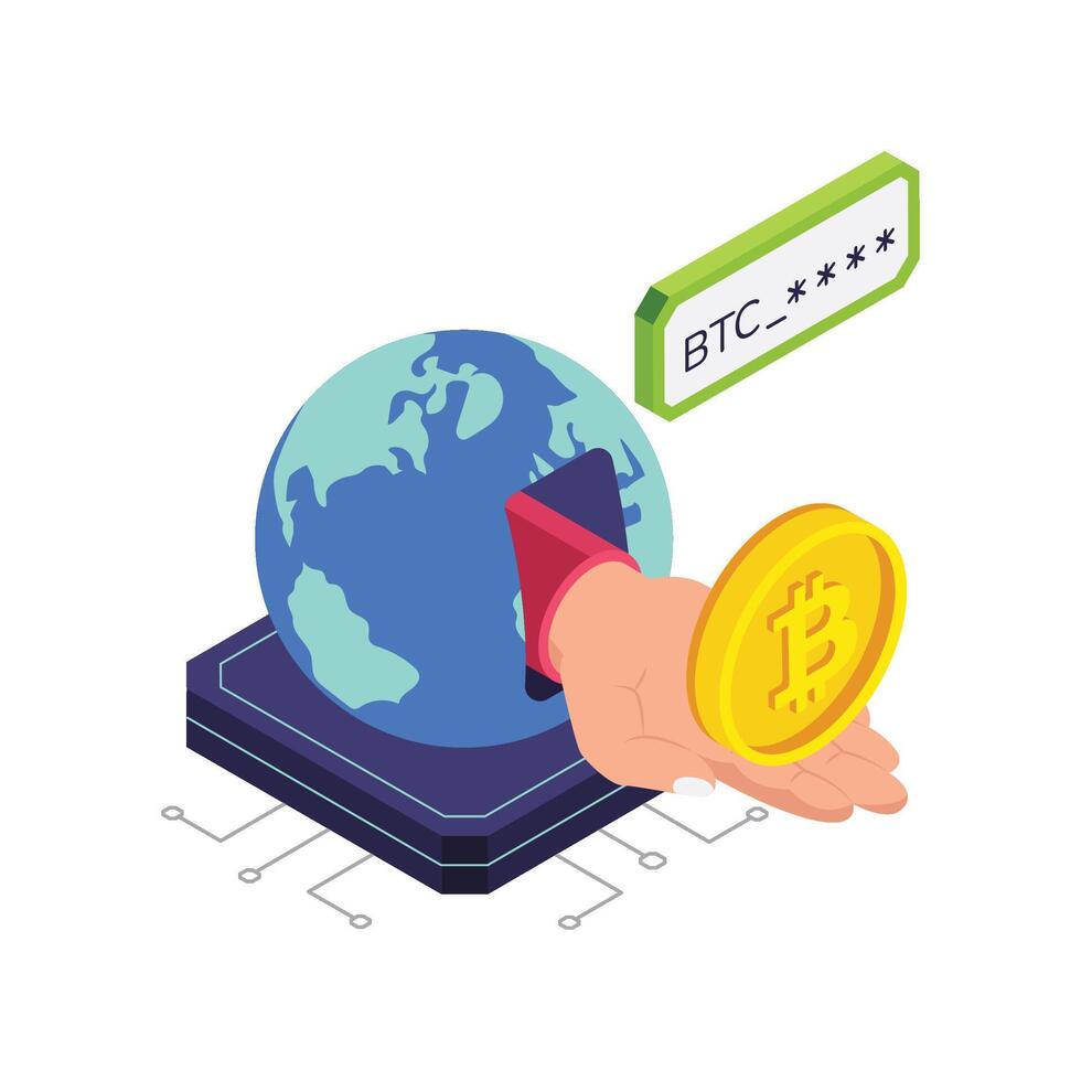 Hand offering Bitcoin near globe vector