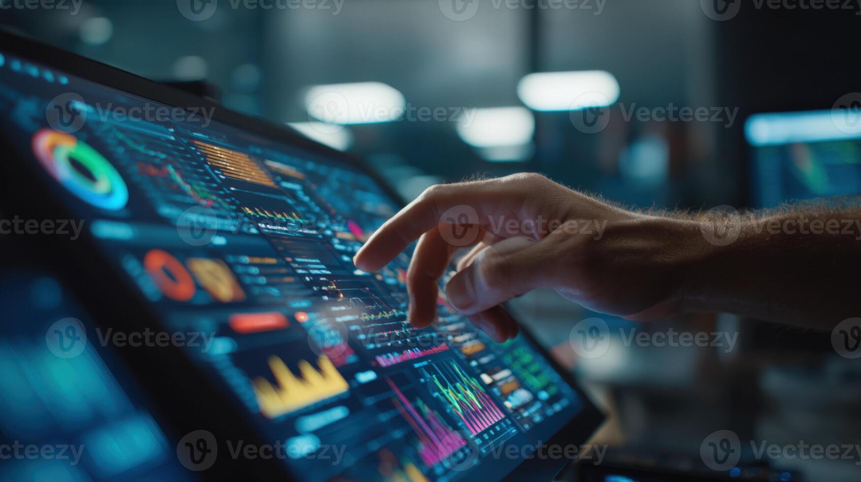 Interactive Data Visualization Hand Interacting with a Touchscreen Displaying Complex Charts and Information photo