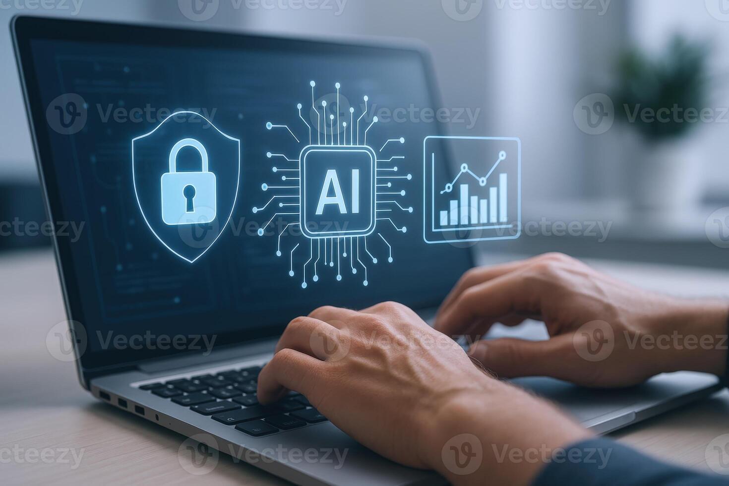 AI-Powered Cybersecurity on Laptop Man Typing with Data Protection, Artificial Intelligence and Statistics Concepts Displayed photo
