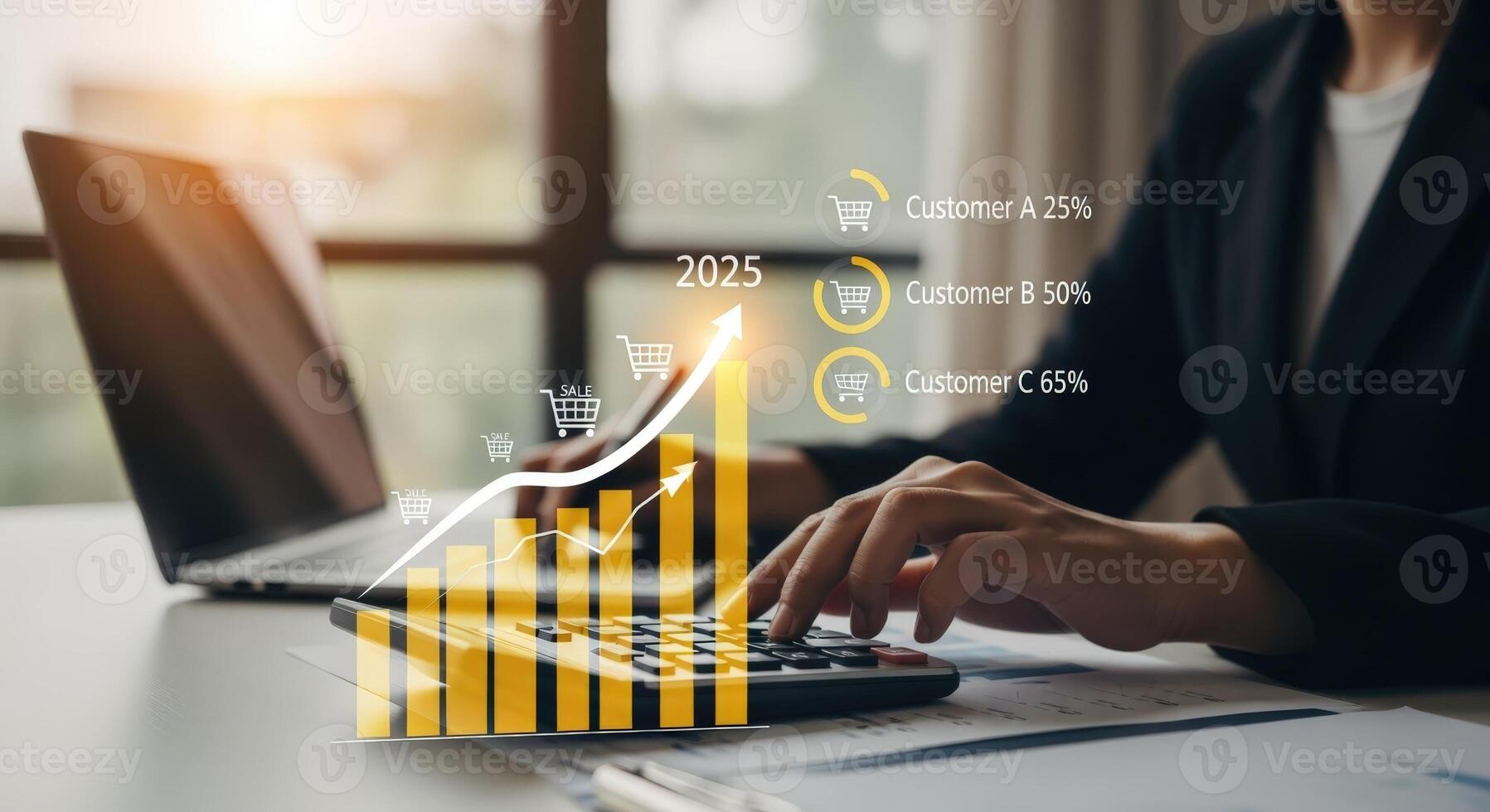 Financial Analysis with Businesswoman Using Calculator to Project Growth and Customer Segmentation by 2025 photo