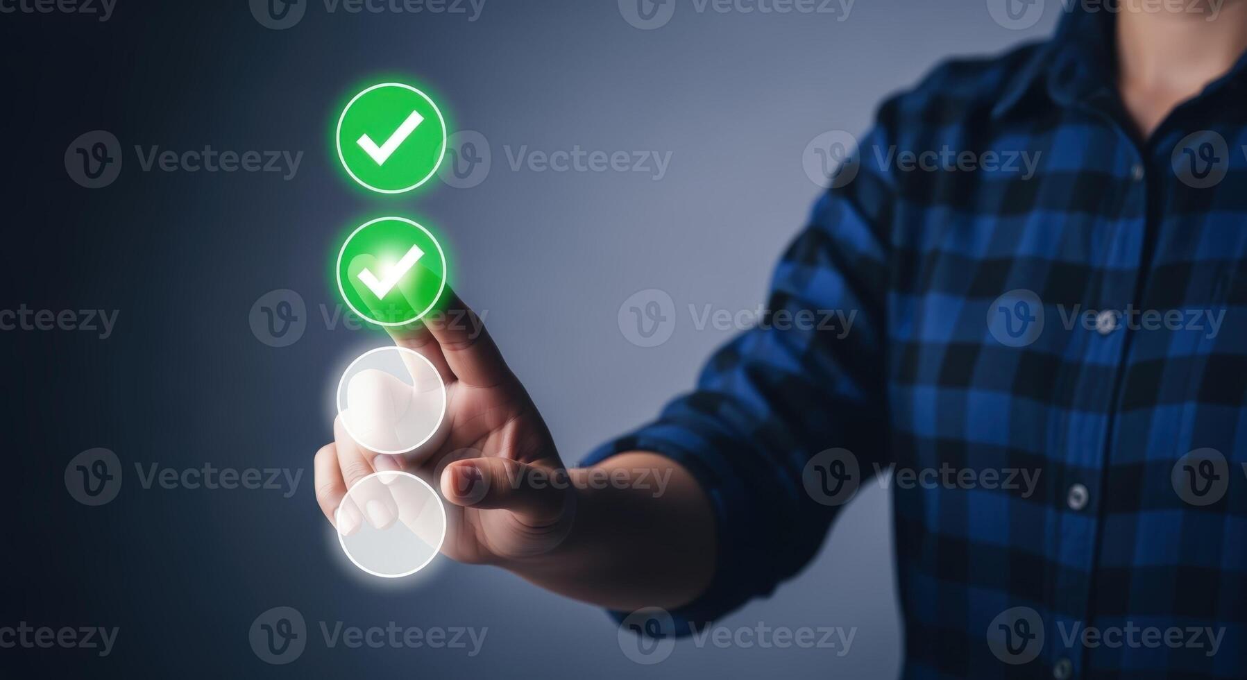 Hand interacting with virtual checklist, illustrating task completion, project management and digital to-do lists photo