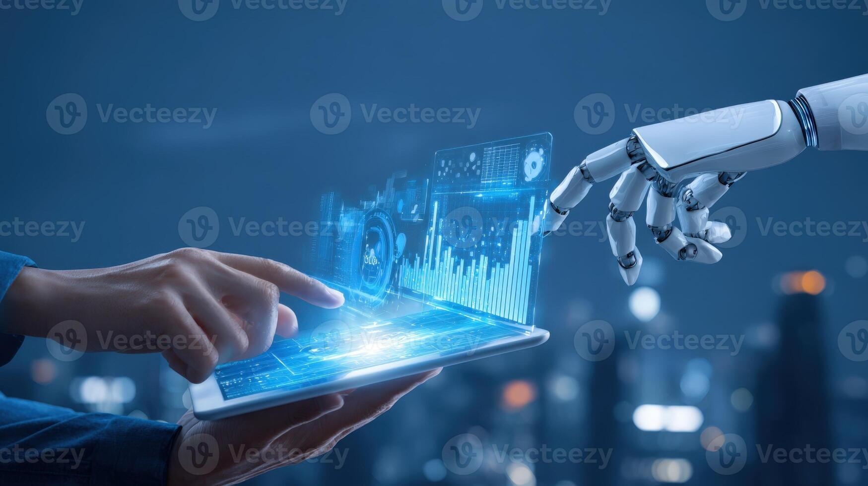 Human and Robot Hands Interact with Digital Tablet Displaying Futuristic Data and Cityscape Background photo