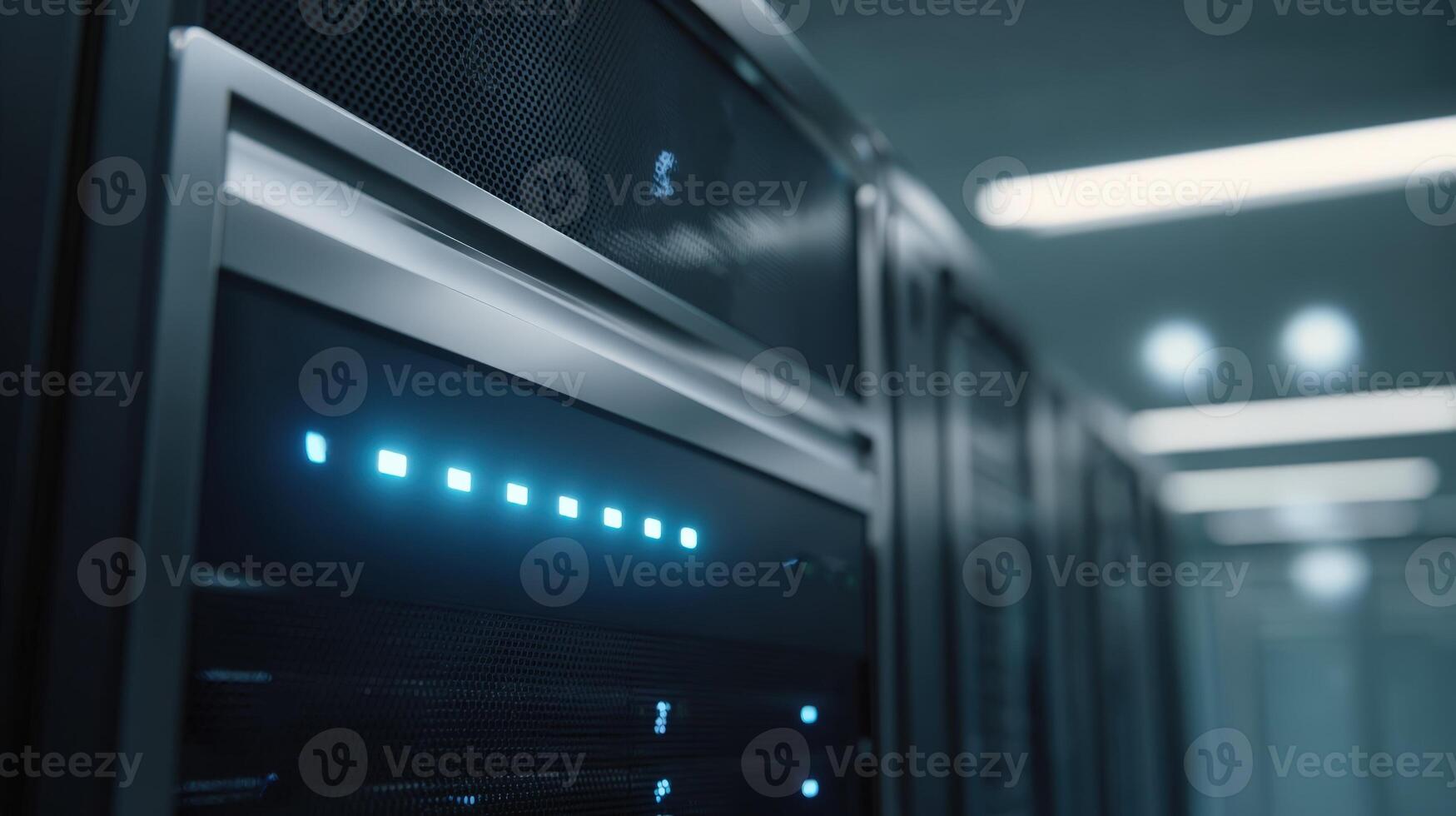 Data center with servers operating with blue lights, networking and information technology photo
