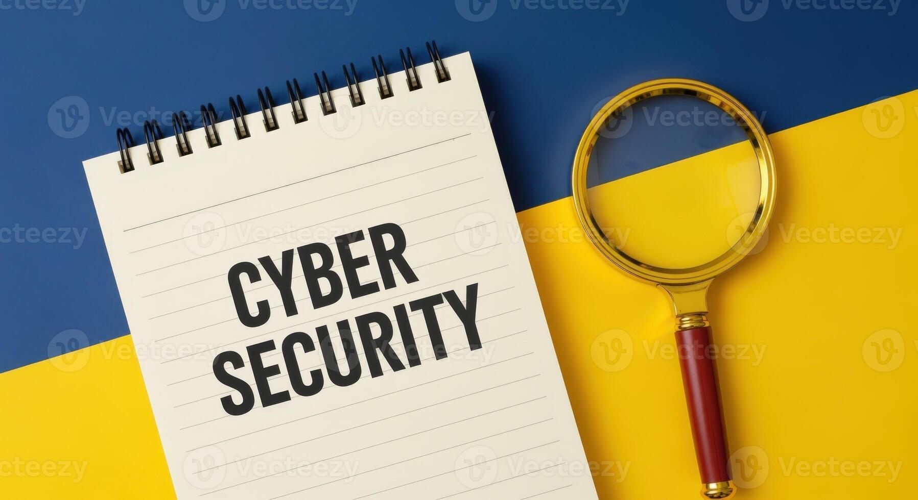 Cybersecurity concept notebook with magnifying glass on blue and yellow background symbolizing data protection photo