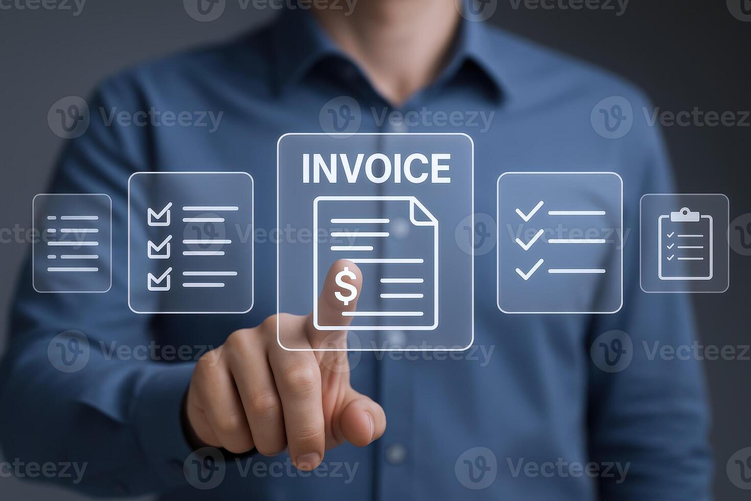 Digital Invoice Processing Businessman Interacting with Virtual Interface for Streamlined Financial Management and Automated Billing photo