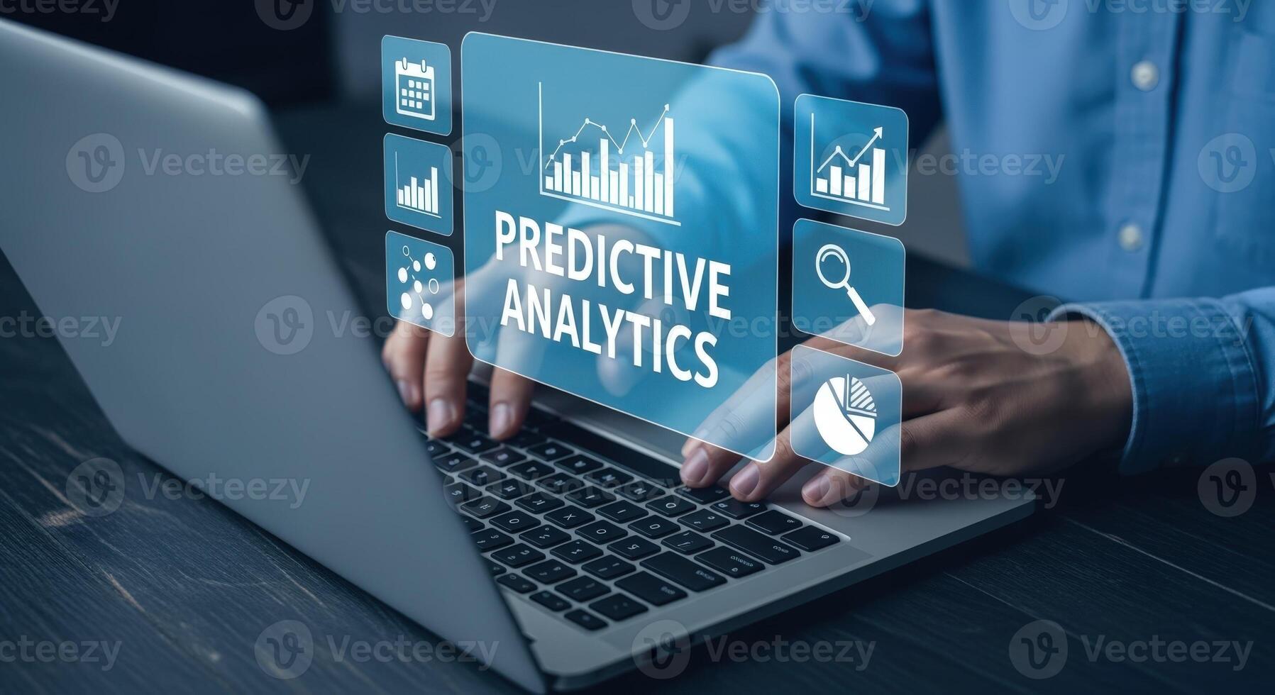 Predictive Analytics Interface Over Laptop Display Business Intelligence, Data Analysis and Statistical Modeling for Forecasting Trends photo