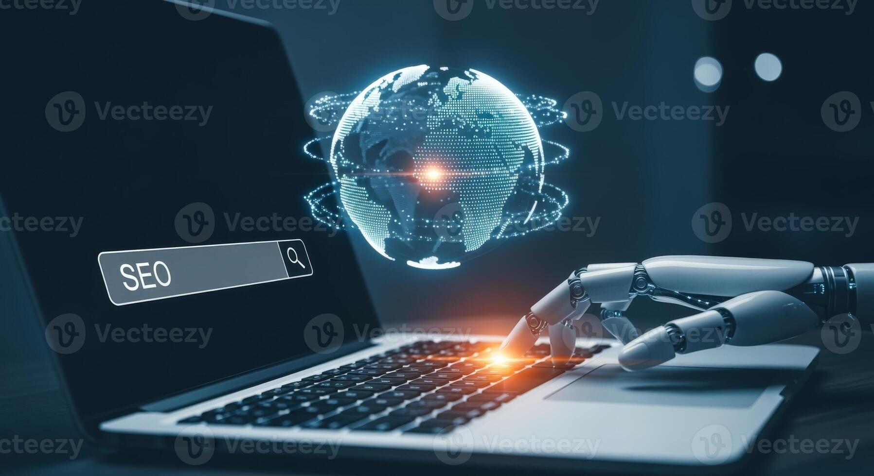 AI Driven SEO Optimization Robot Hand Typing on Laptop, Global Data Visualizations for Search Engine Marketing photo