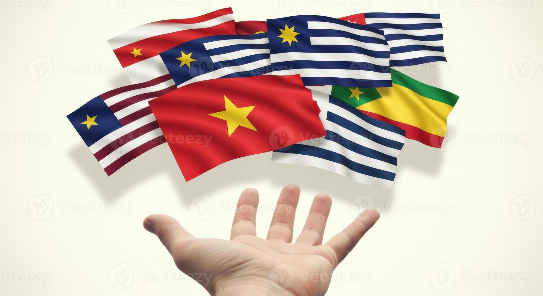 Flags of the World Hovering Above Open Hand Symbolizing Global Unity and International Cooperation photo