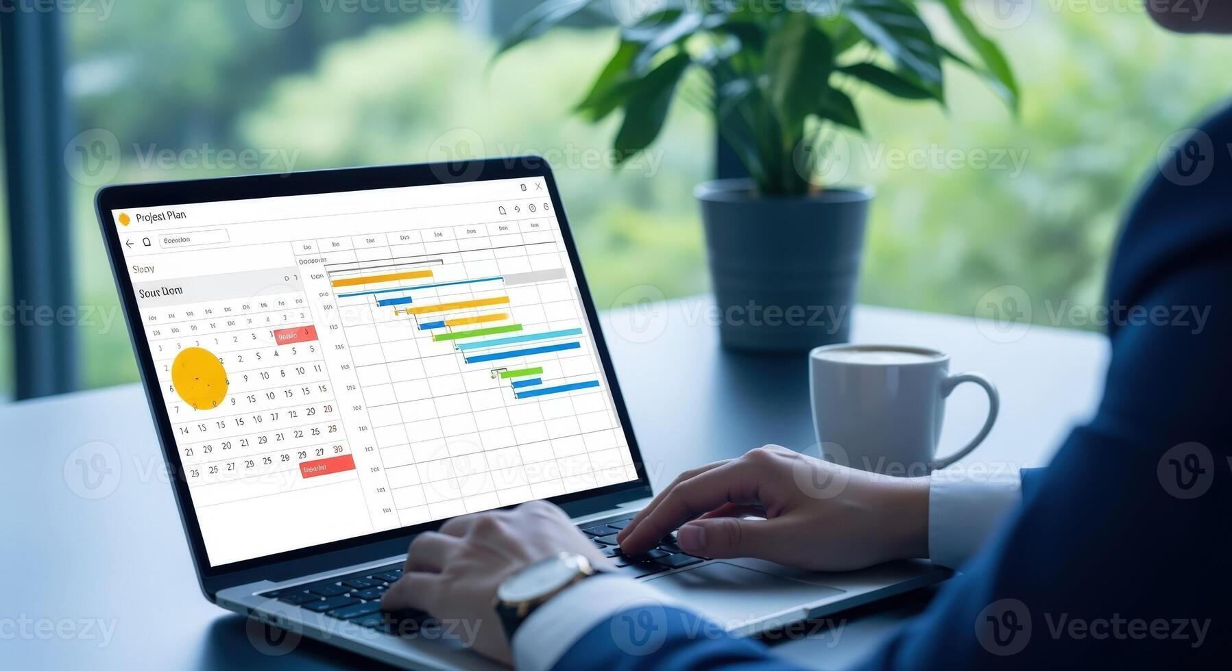 Project Management Software on Laptop Display Business Planning and Scheduling with Gantt Chart photo