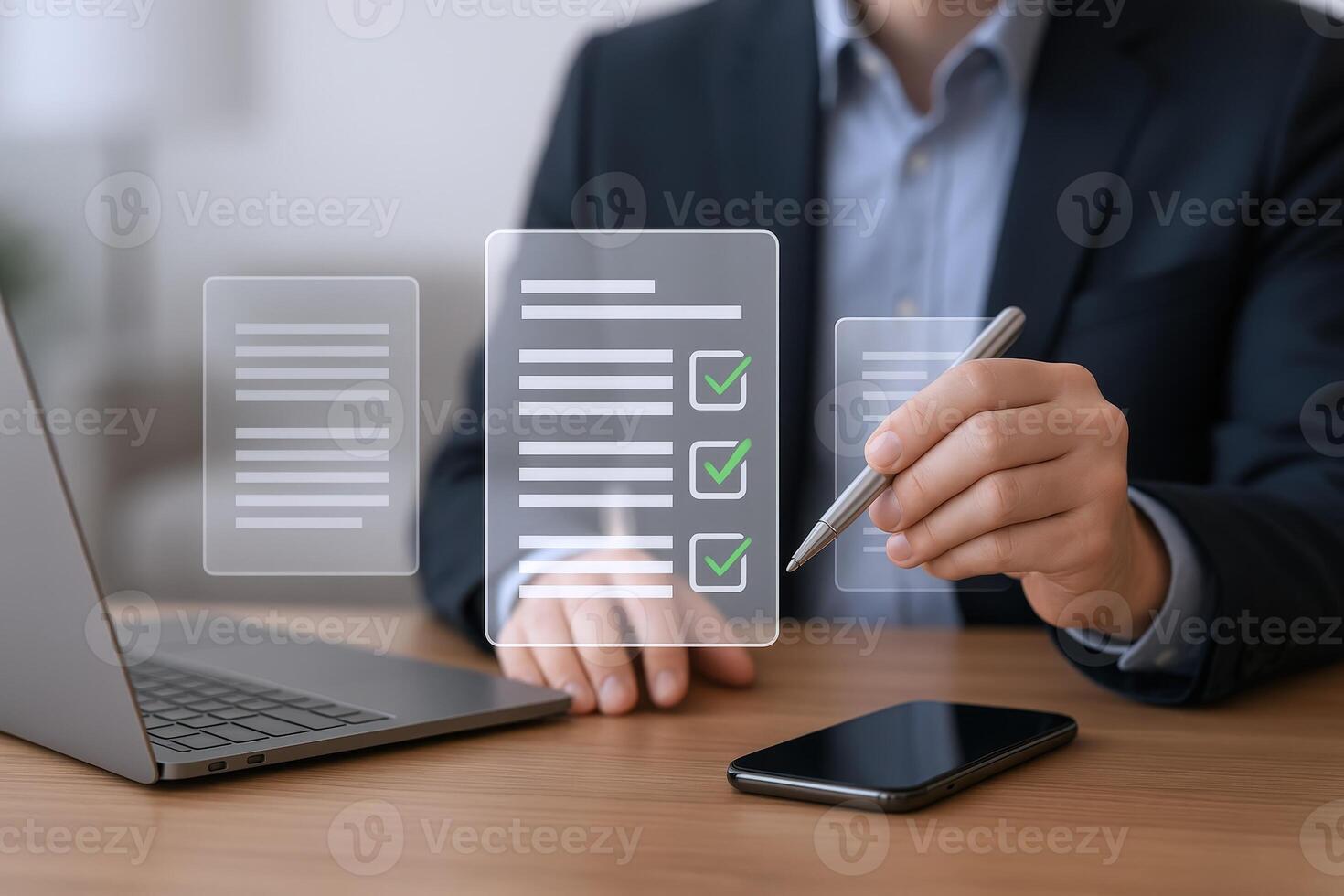 Businessman Completing Digital Checklist with Pen on Virtual Interface for Efficient Task Management and Approval photo