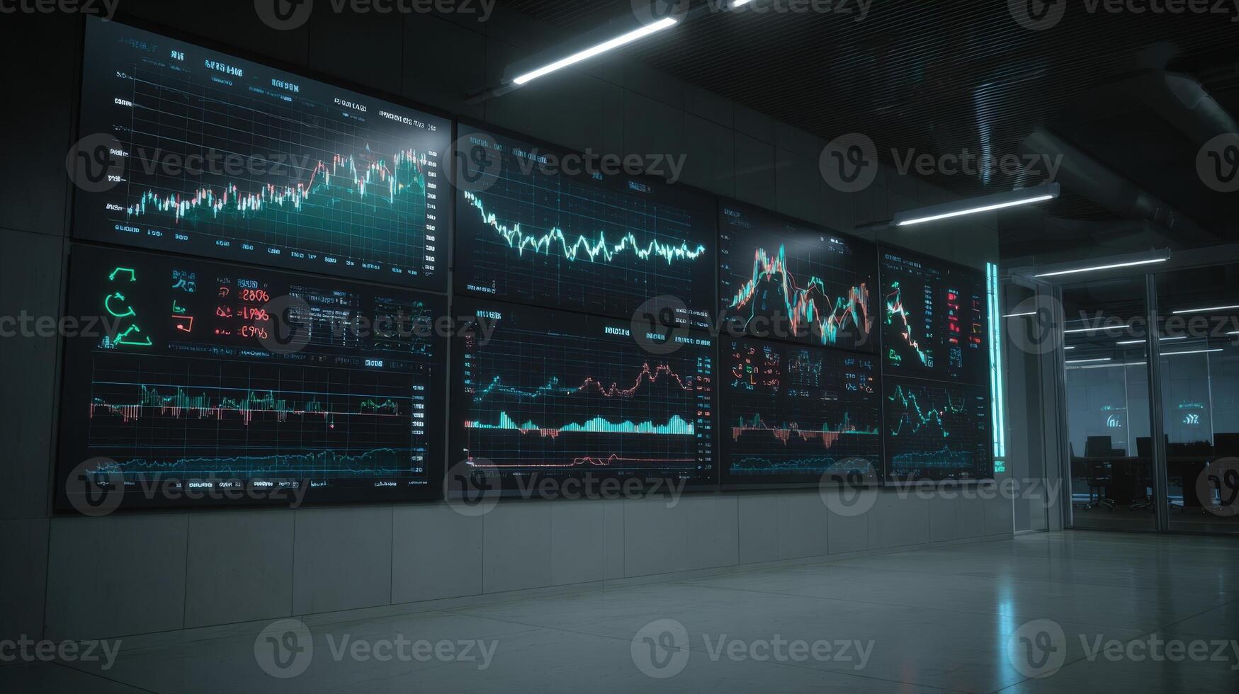 Financial Data Visualization on Multiple Screens Displaying Market Analysis and Stock Trading Information in a Dark Office photo