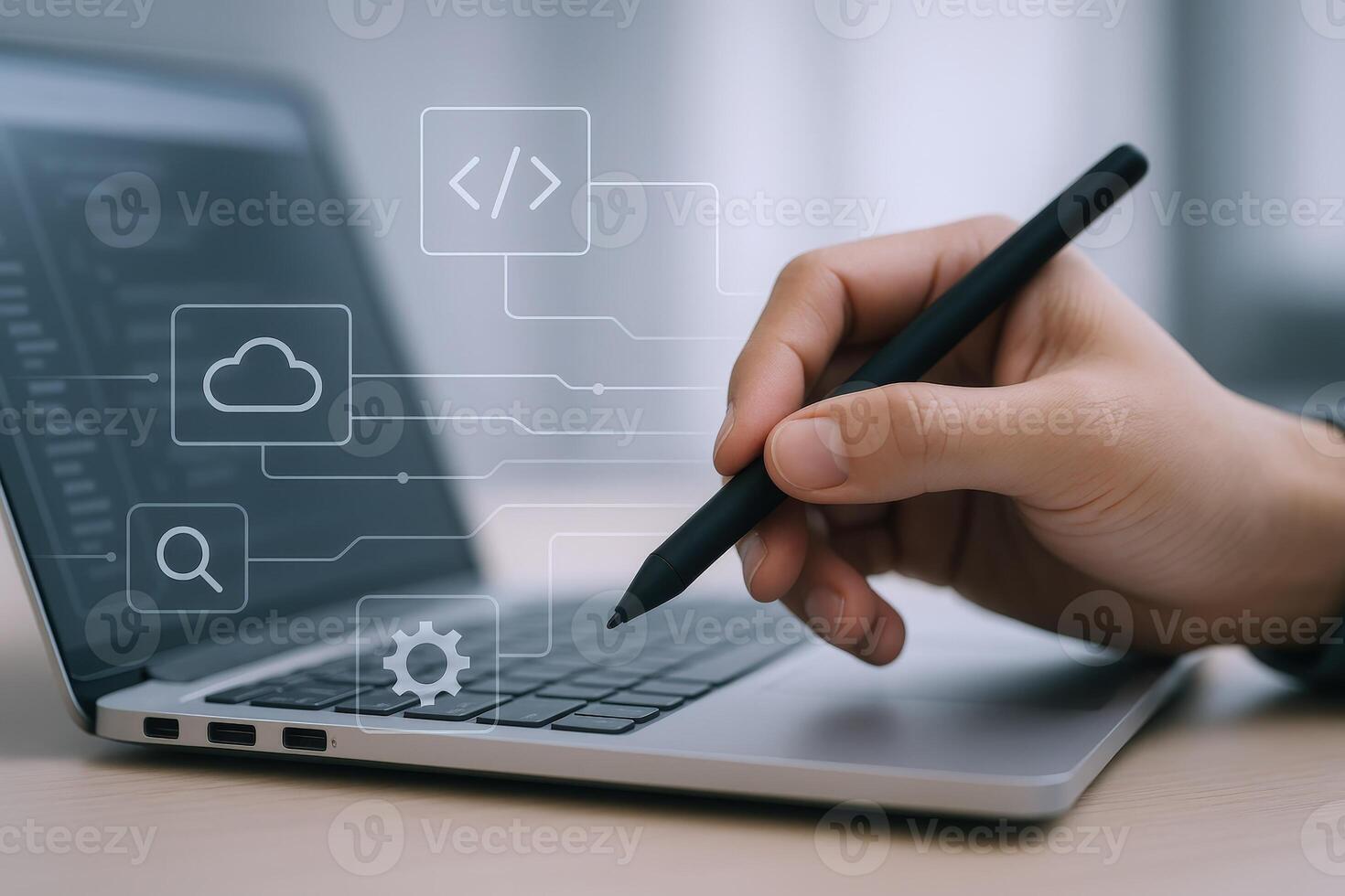 Close-up of Hand Using Stylus on Laptop with Cloud, Search, and Code Symbols Overlayed photo