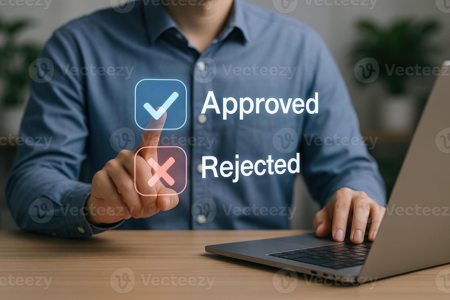 Businessman Making Decision Online Between Approved and Rejected Options Using Digital Interface on Laptop photo