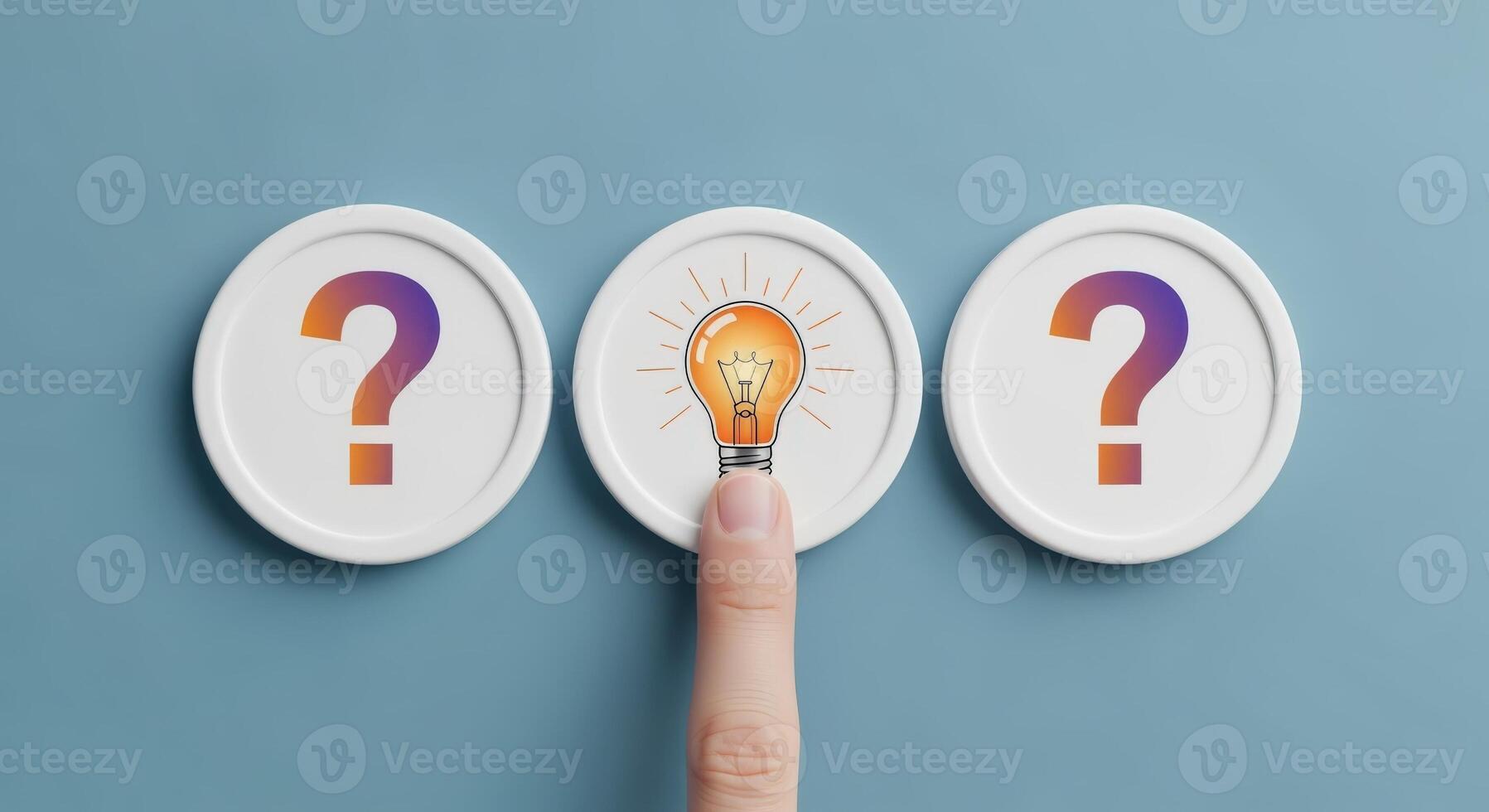 Solution Concept Hand Points to Lightbulb Between Question Marks, Representing Idea Generation and Problem Solving photo