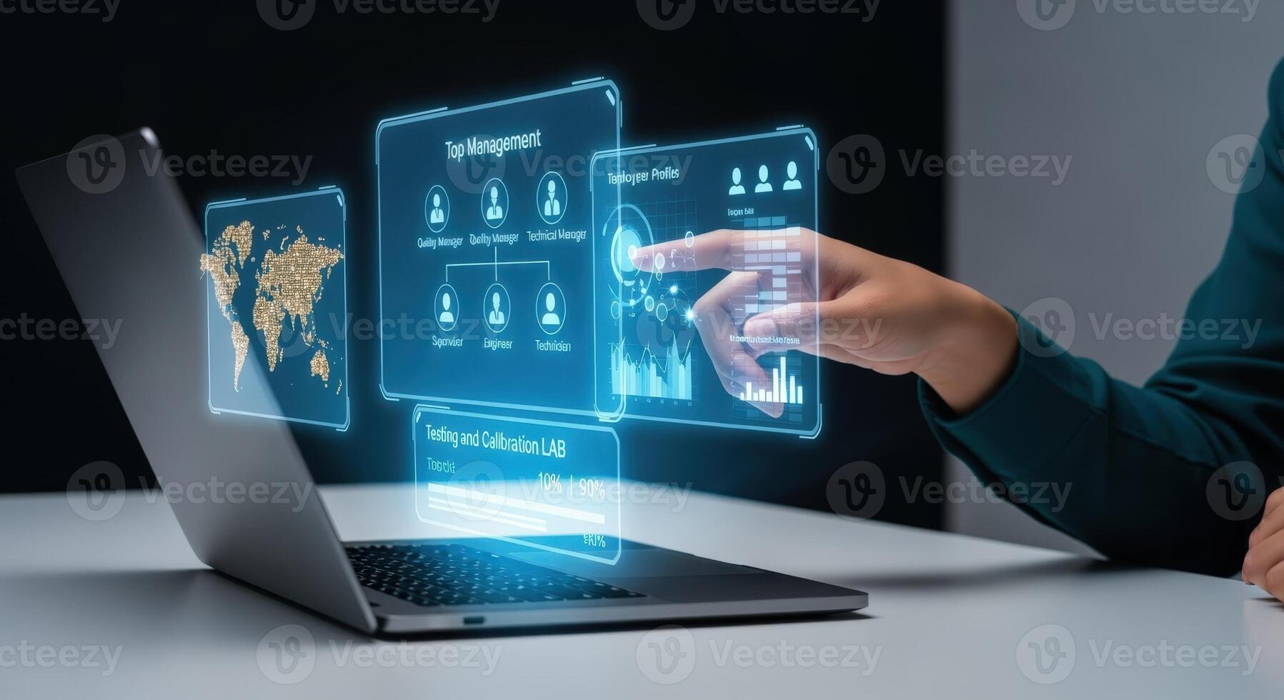 Interactive data visualization person analyzing business analytics with digital interface projecting from laptop screen in office photo