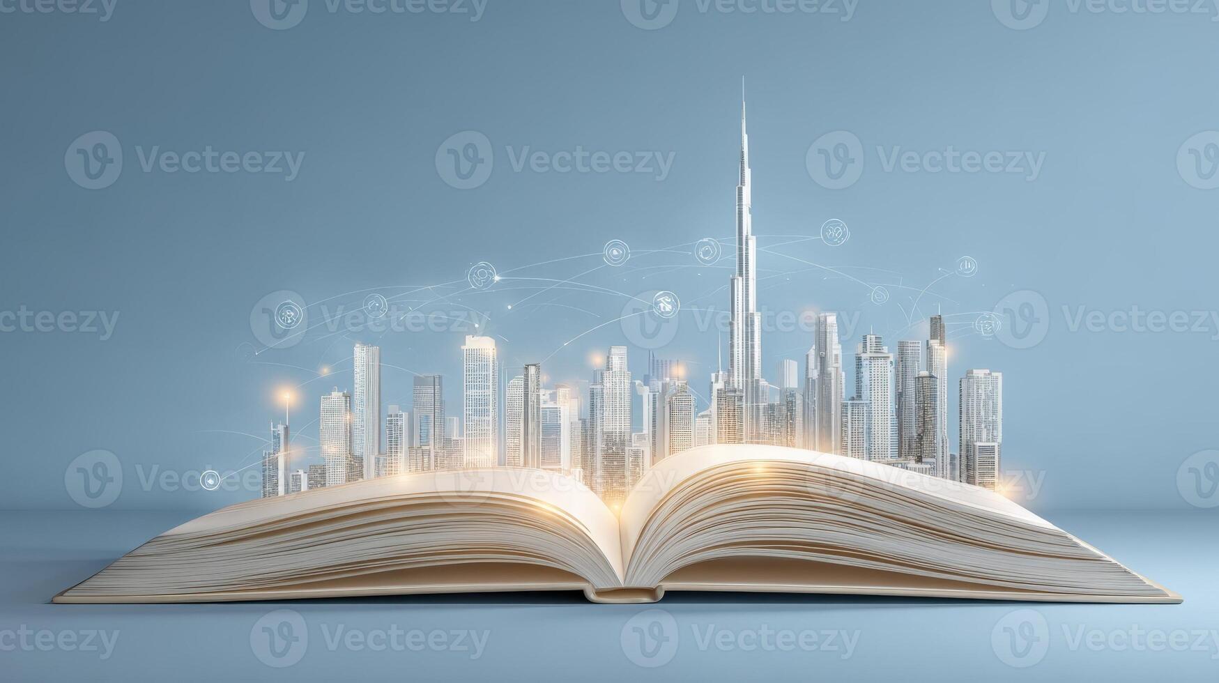 Cityscape Rising From Open Book Conceptual Illustration of Imagination, Knowledge, Architecture, and Urban Development photo