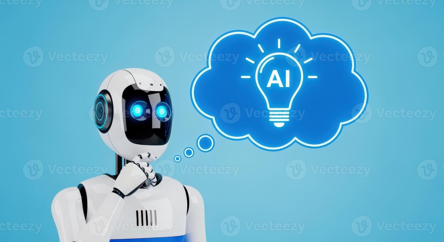 Conceptual Robot Contemplating Artificial Intelligence Innovative Technology and Futuristic Thinking on Blue Background photo