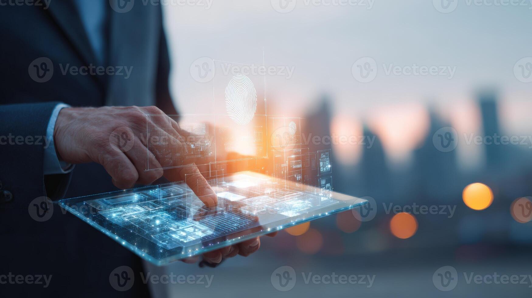 Businessman Interacting with Augmented Reality Interface on Tablet Device, Cityscape Background Showing Digital Transformation photo