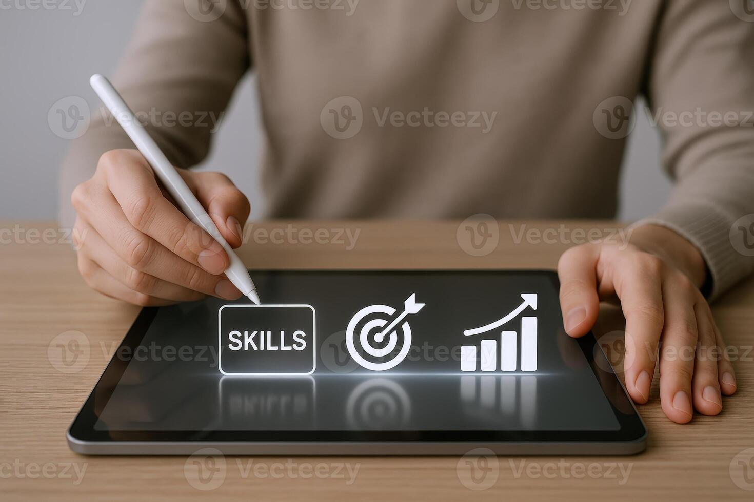 Digital Skill Development on Tablet Person Using Stylus to Enhance Skills, Target, and Growth photo