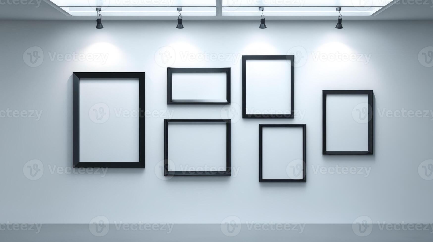 Gallery Wall with Empty Frames Mockup, Art Display in Modern Minimalist Style with Spotlights photo