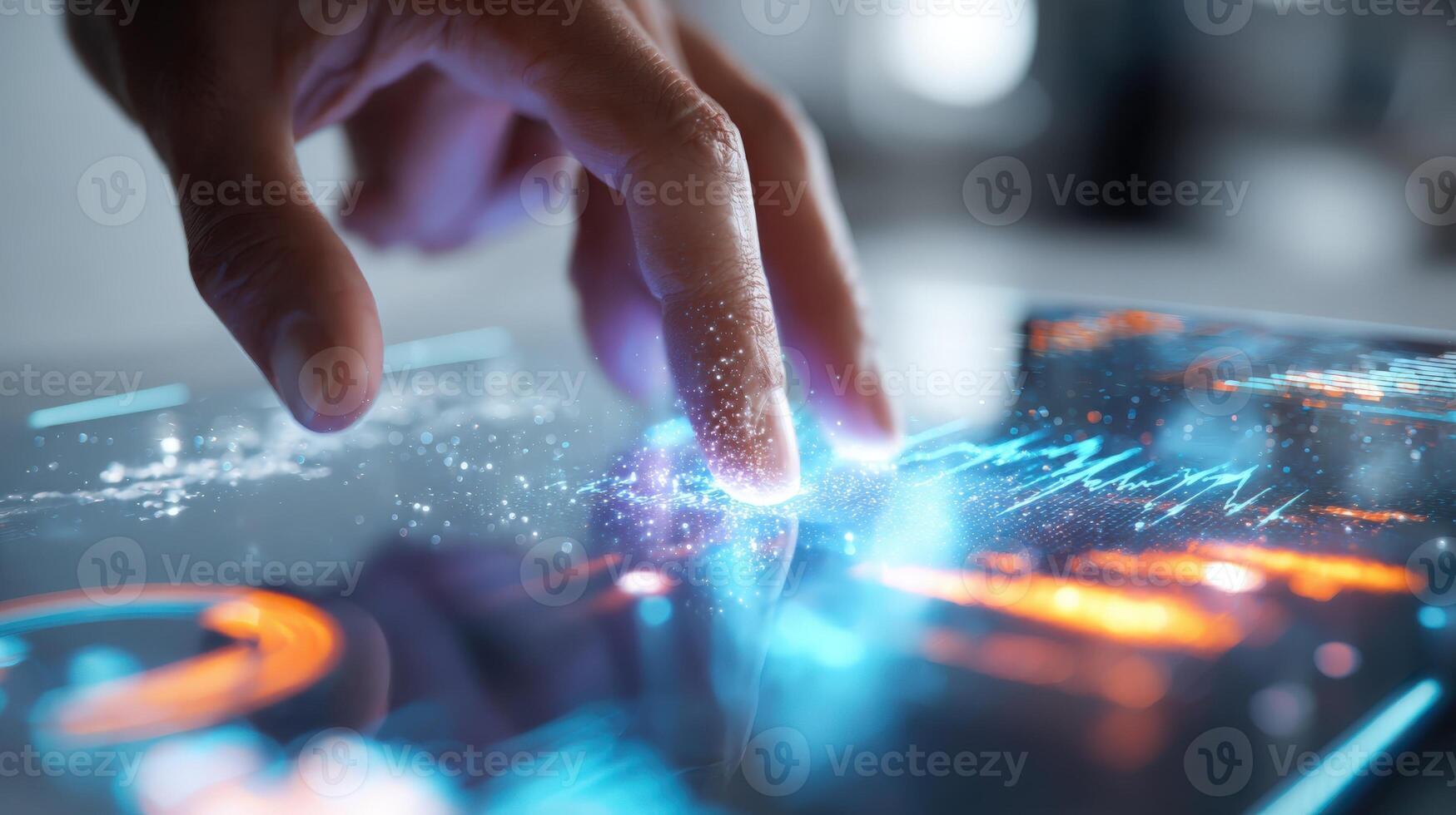 Human Finger Interacting with a Futuristic Interface Displaying Data and Charts, Representing Advanced Technology and Connectivity photo