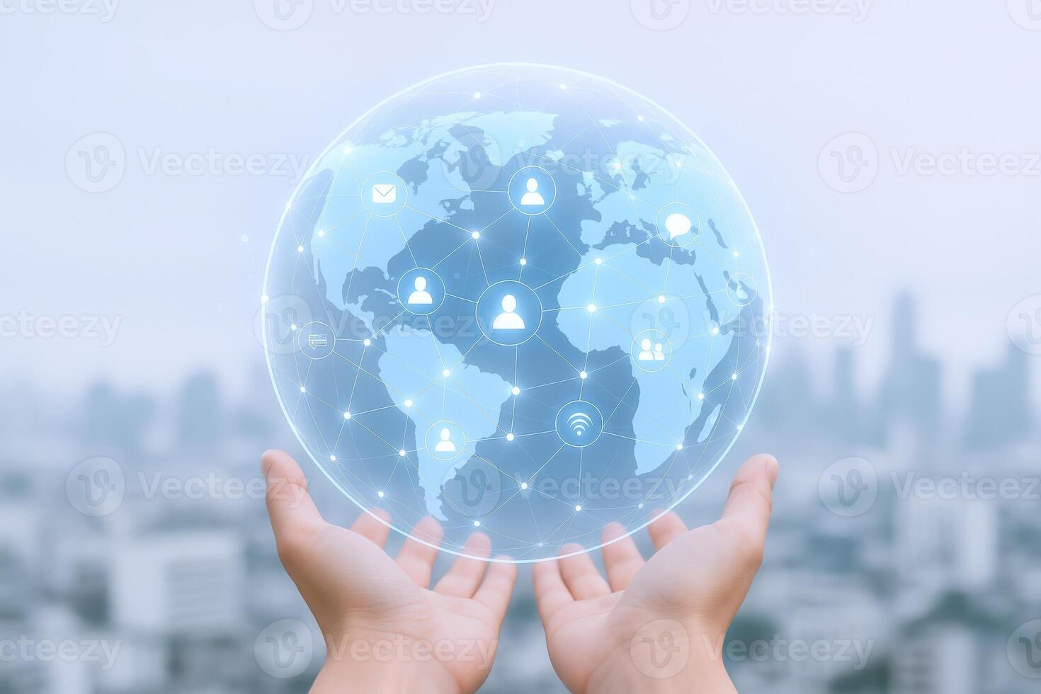 Global Network Connection Concept Hands Holding Globe with Digital Interface Connecting People Worldwide, Blurred Cityscape Background photo