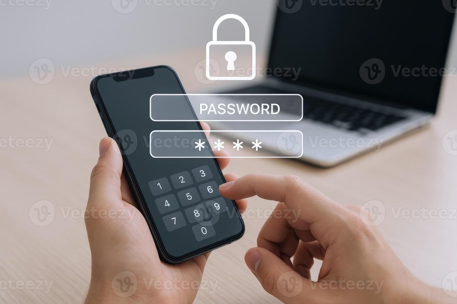 Smartphone Security Entering Password for Authentication, Laptop in Background for IT security concept photo