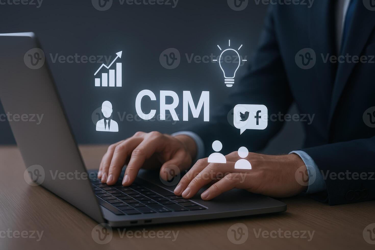 CRM Software Implementation A Business Professional Manages Customer Relations on a Laptop with Digital Interface photo