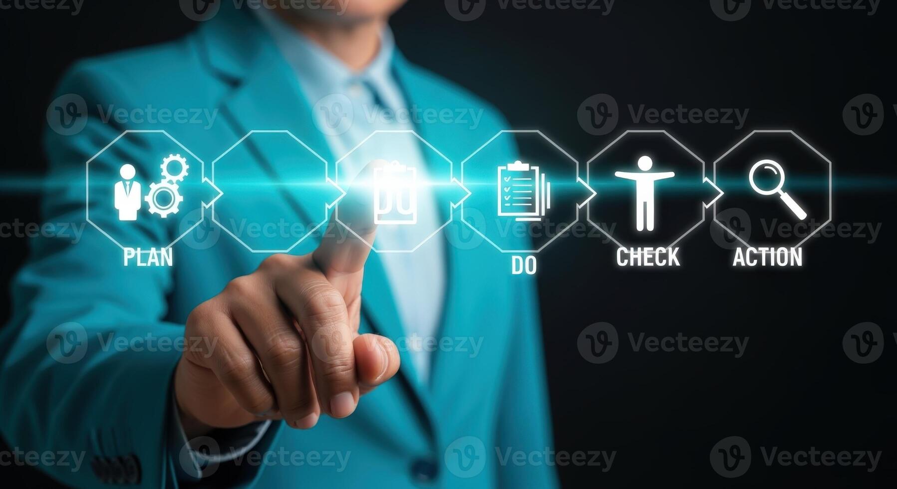 Business Man Activating PDCA Cycle with Touch Screen for Continuous Improvement and Project Management photo