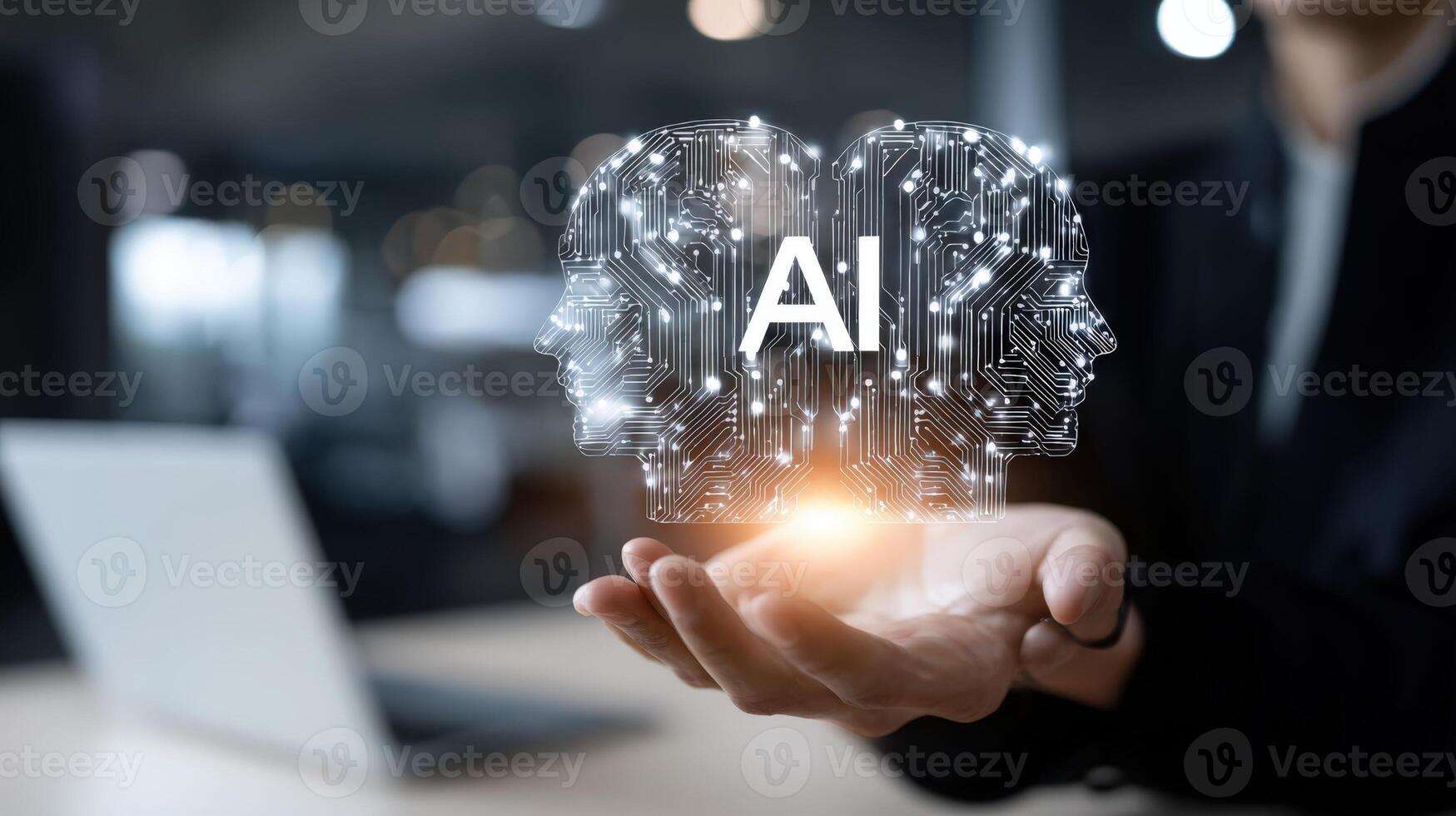 Artificial Intelligence Innovation Man Presenting Digital Brain Concept with Advanced Technology and Connectivity, Highlighting Future photo