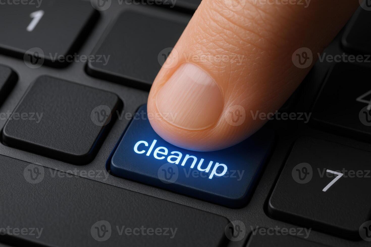 Closeup of Finger Pressing Cleanup Key on Keyboard, Representing System Optimization and Maintenance photo