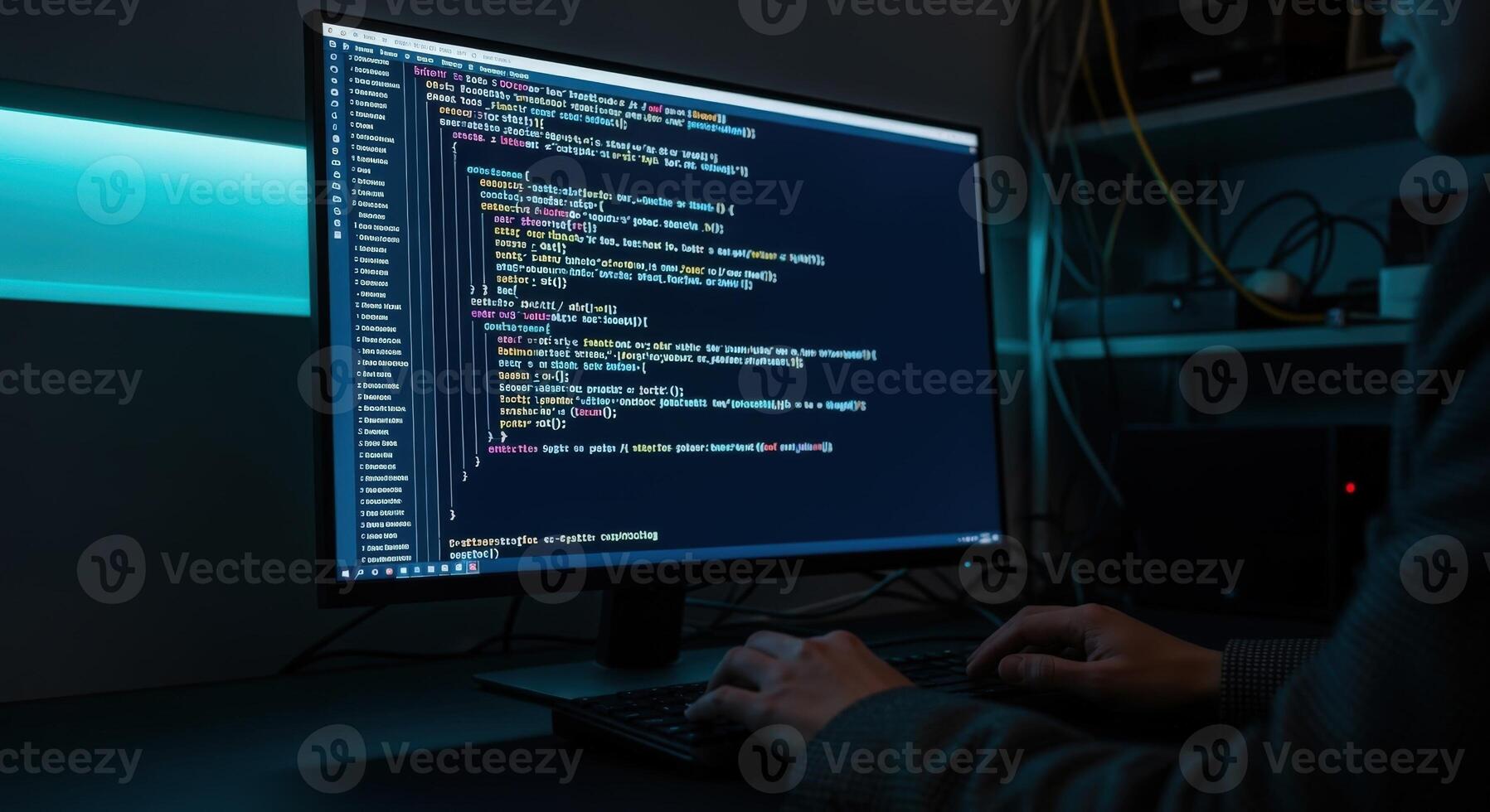 Software Developer Coding on Computer Display, Cybersecurity Expert Working, Programming Code on Screen photo