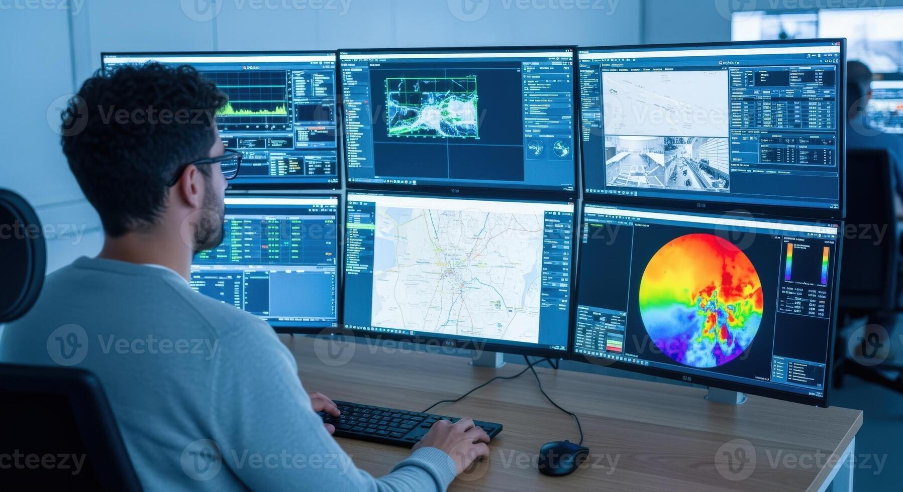 Security Monitoring Specialist Overseeing Multiple Displays with Detailed Data and System Information in a Modern Control Center photo