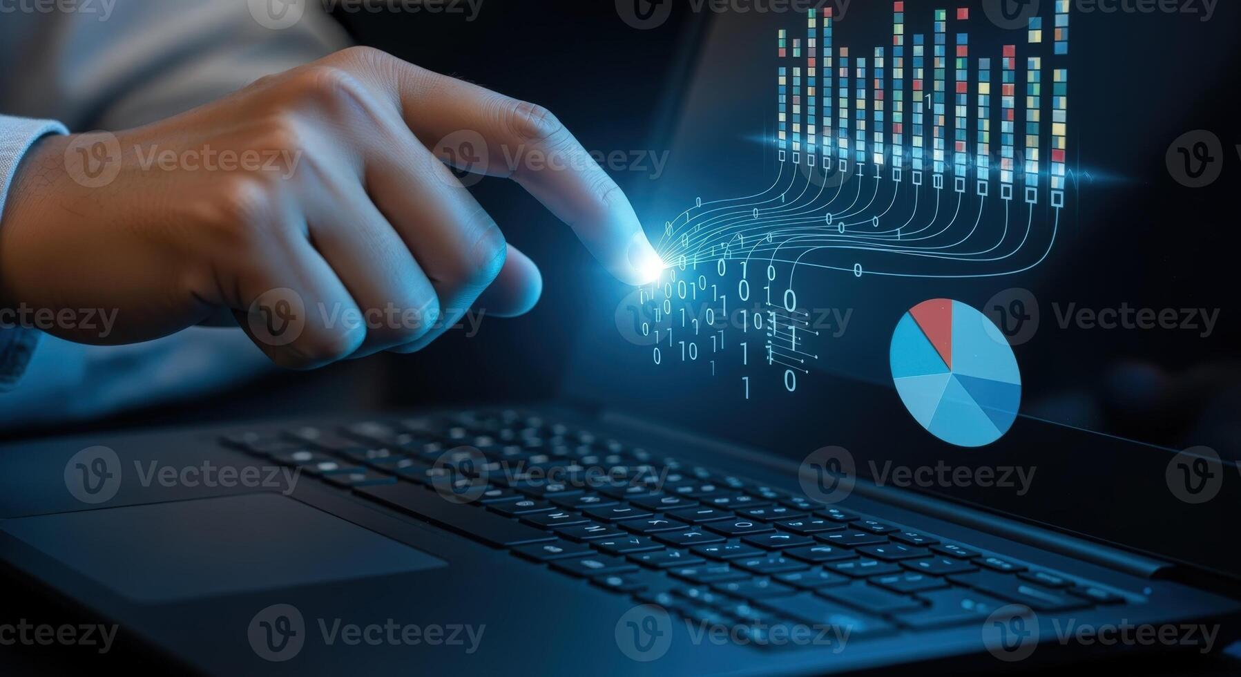 Data Analysis on Laptop Screen Displaying Charts and Graphs, with a Persons Finger Touching the Screen photo