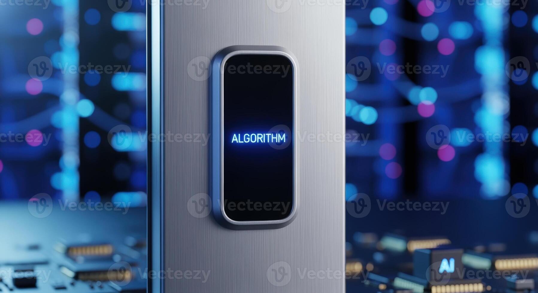 Modern Algorithm Display on Server Rack with Abstract Technology Background, Illustrating Advanced Computing and Data Processing photo