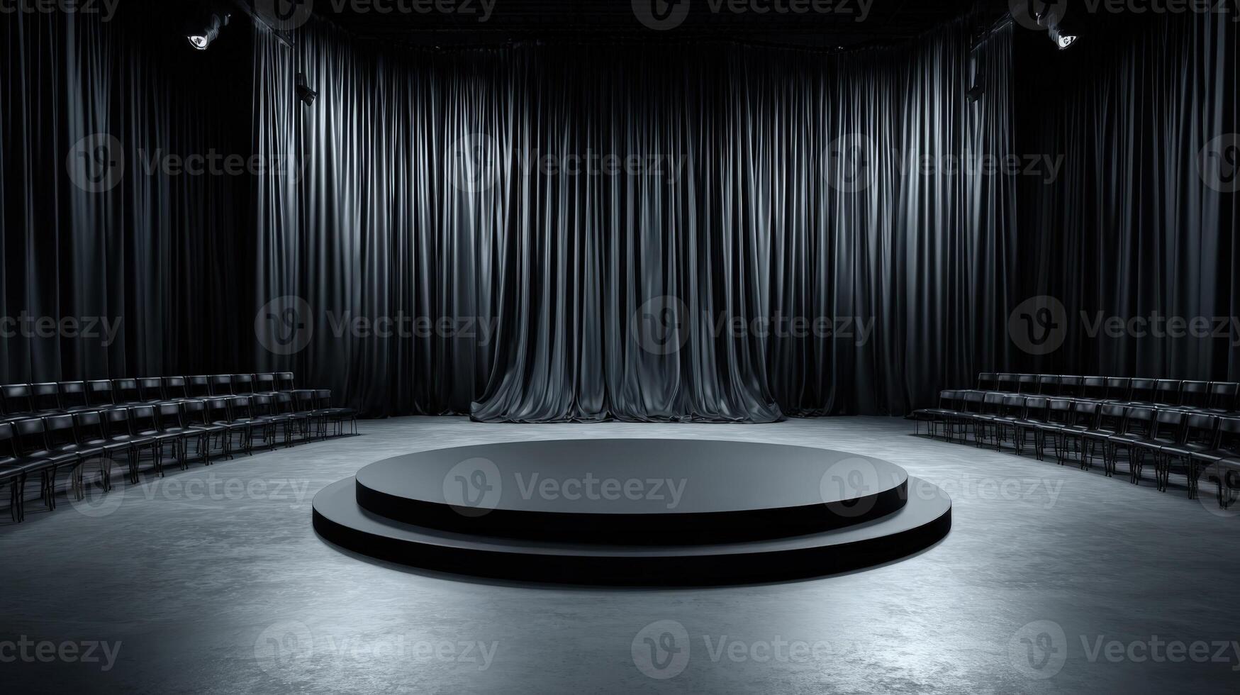 Empty Stage with Black Curtains and Seating, Ready for Performance or Presentation photo