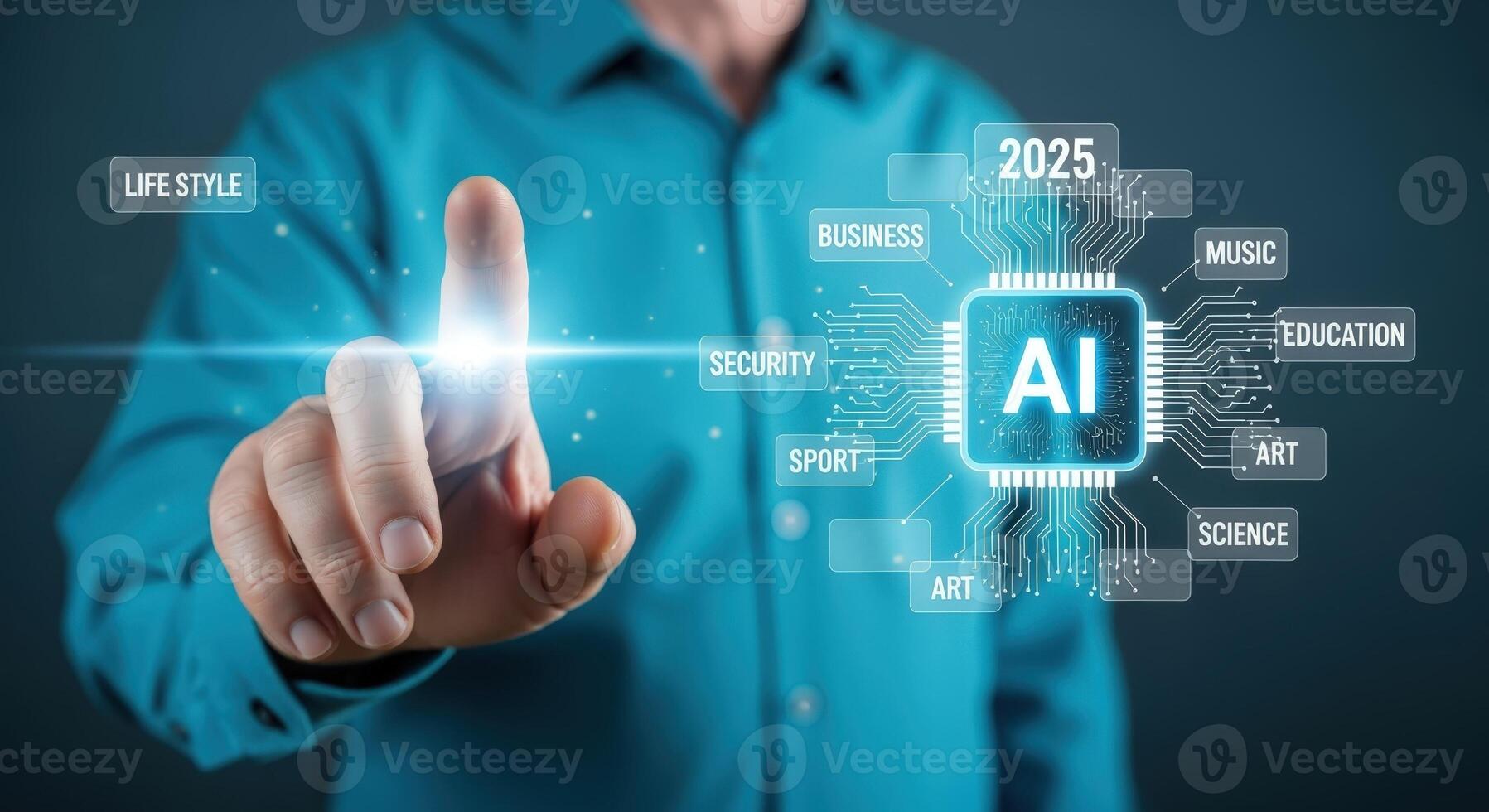 Man Interacting with Artificial Intelligence Interface Conceptual Image of Future Technology and Digital Transformation photo