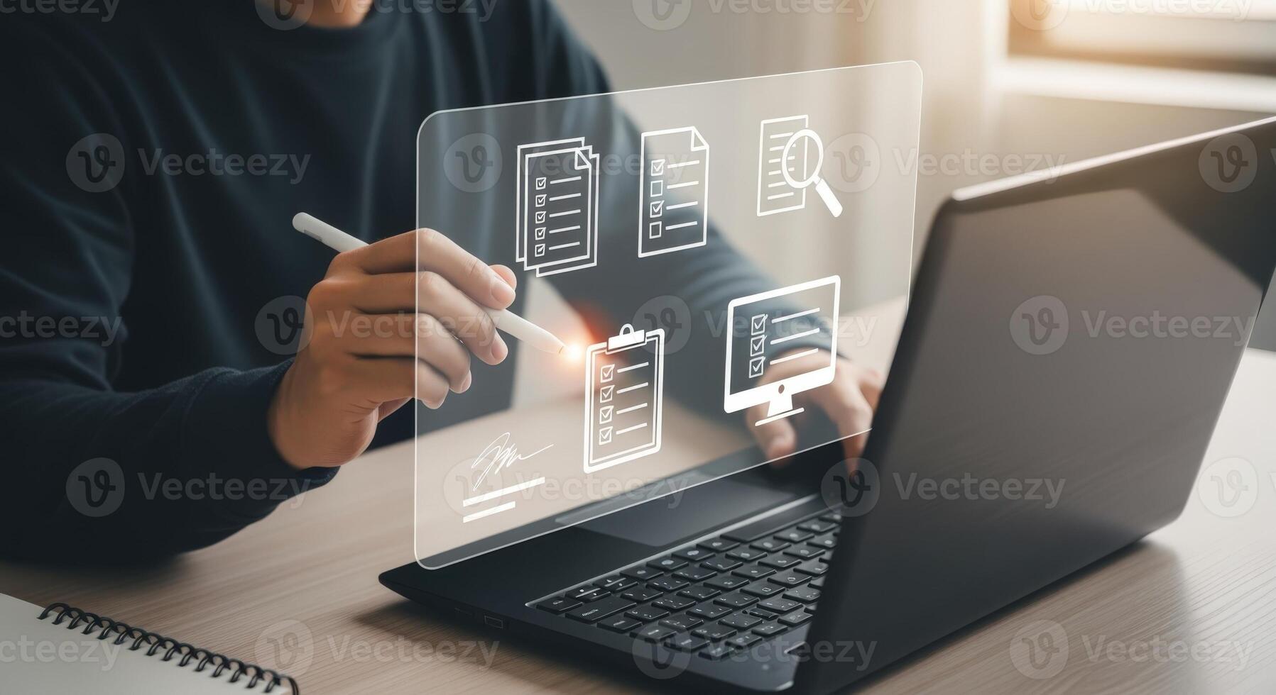 Data Processing and Document Management Man Analyzing Virtual Information on Laptop for Efficiency and Productivity photo