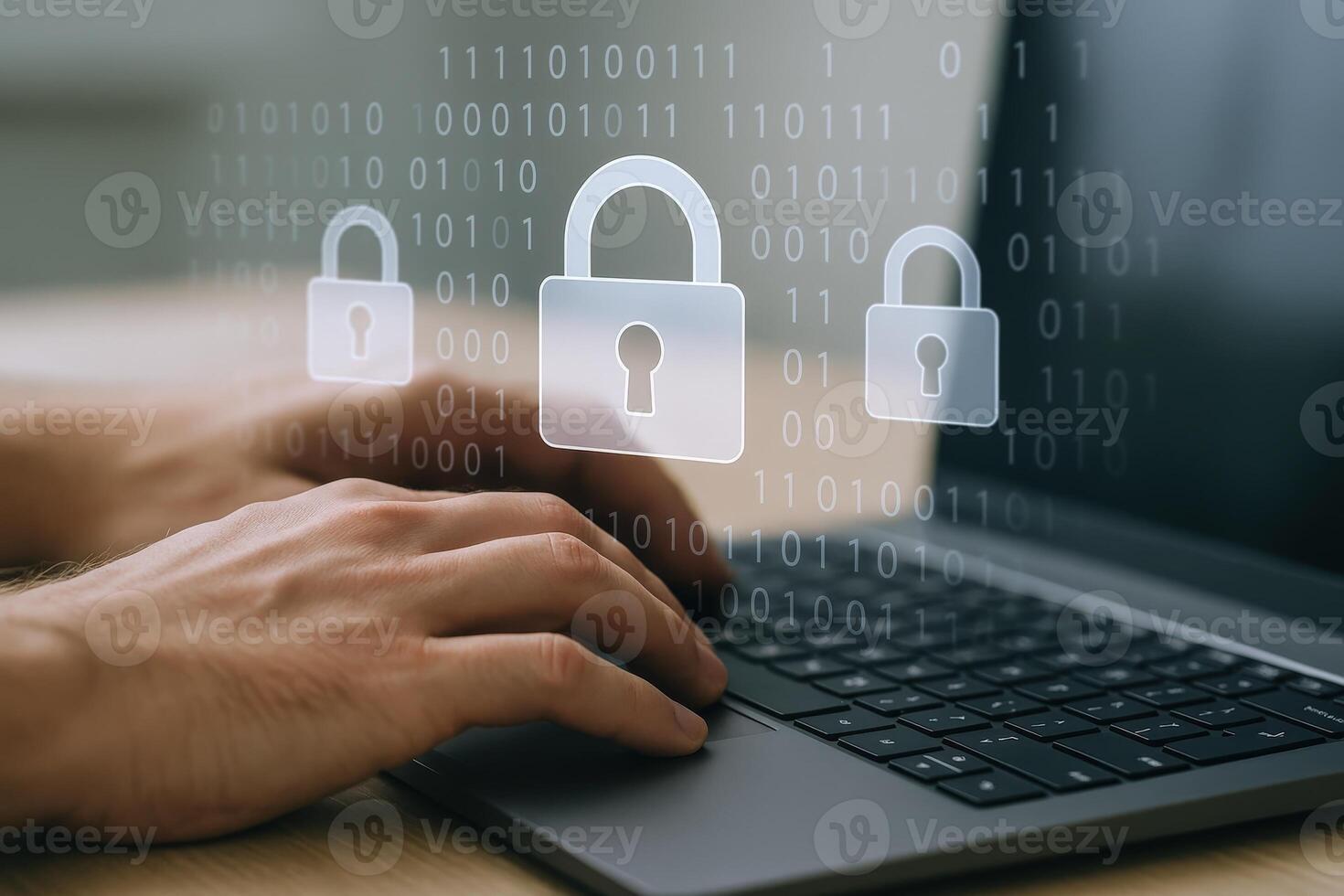 Online security concept Man typing on laptop with lock icons overlayed on binary code background photo
