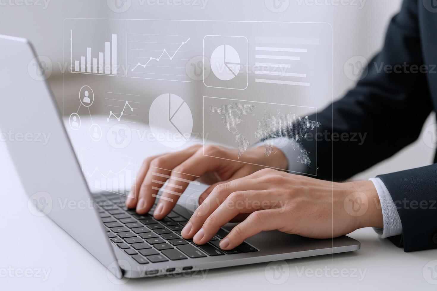 Data Analysis on Laptop Businessman Analyzing Financial Data with Modern Technology and Digital Interface photo