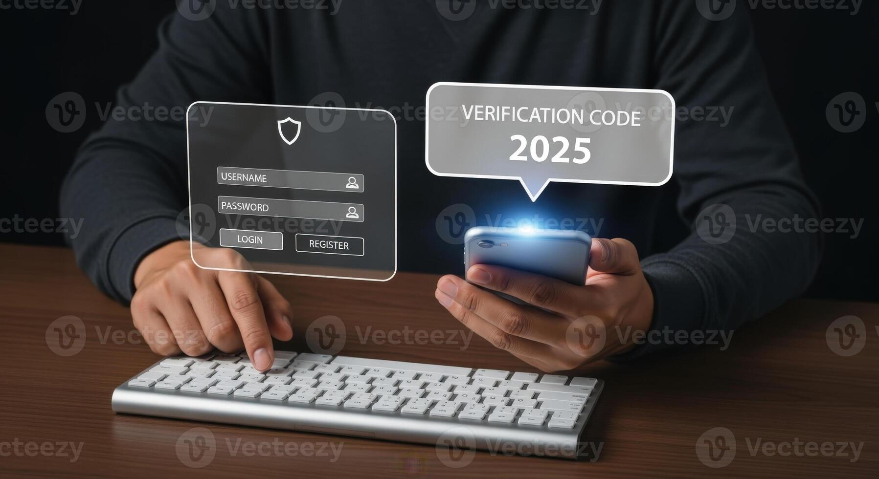 Man Entering Verification Code on Transparent Digital Interface with Smartphone and Keyboard photo