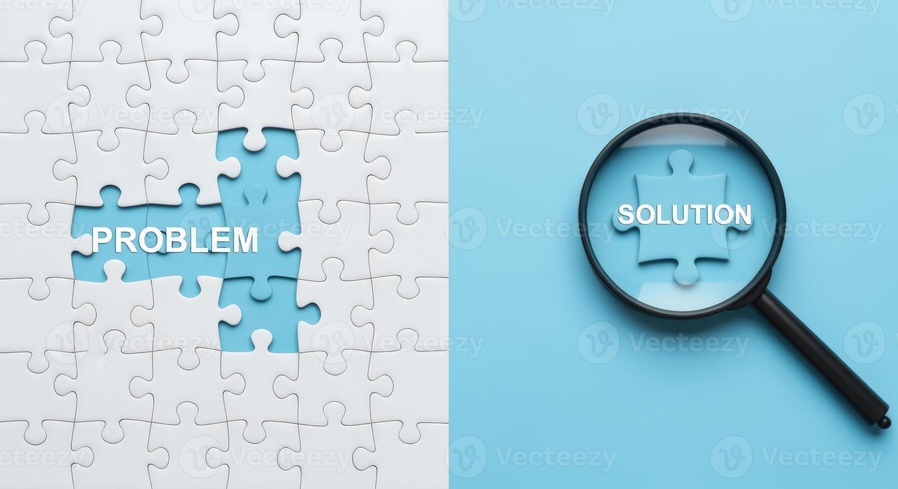 Problem Solving Concept Jigsaw Puzzle with Missing Piece and Magnifying Glass Reveals Solution photo