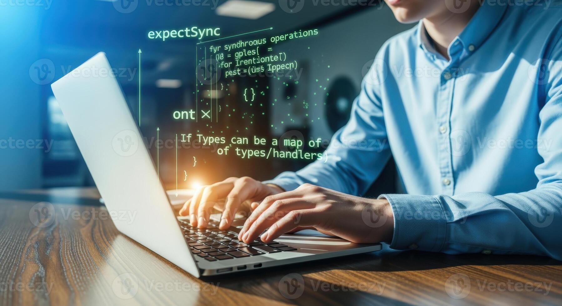 Developer coding on laptop with digital interface, creating software applications, using keyboard in modern office photo