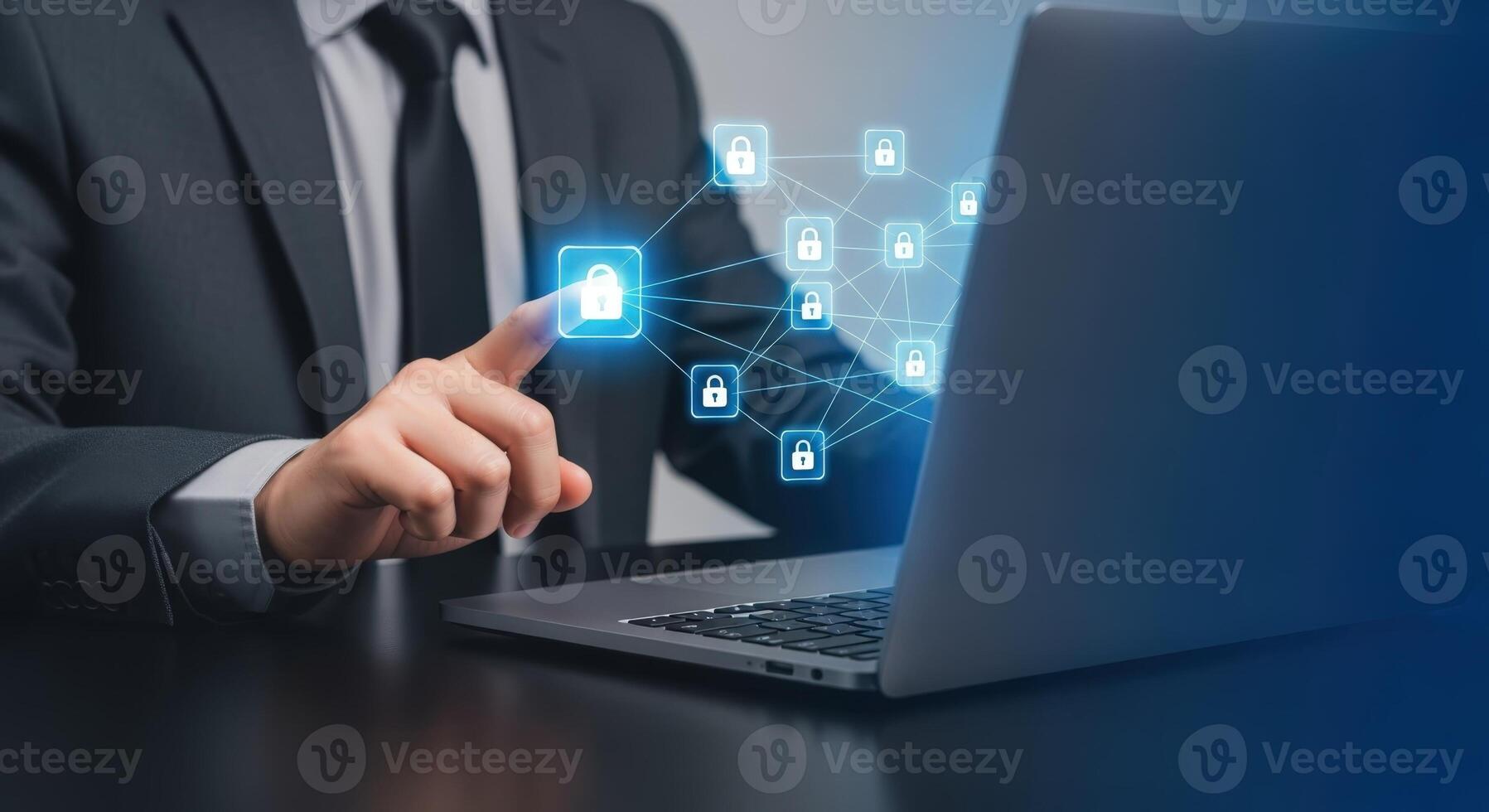 Cybersecurity Professional Activating Network Security System on Laptop, Protecting Data with Modern Encryption Technology and Biometric Access photo