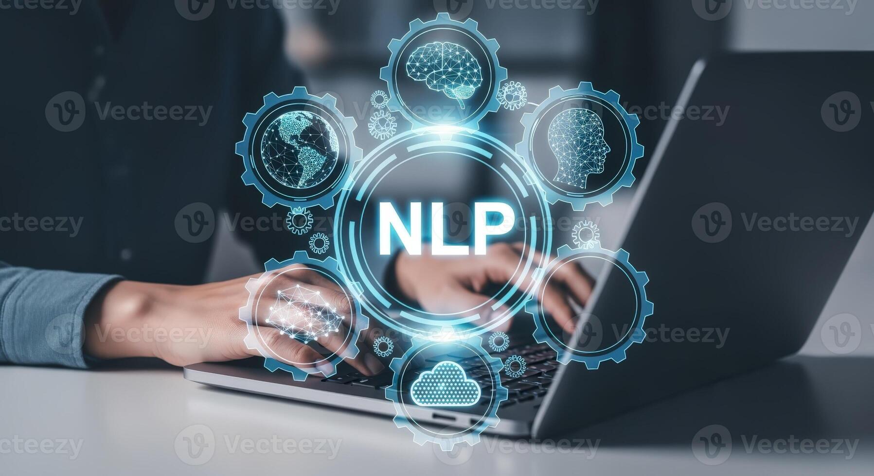 NLP Technology on Laptop Natural Language Processing with Artificial Intelligence Concept for Business and Technology photo
