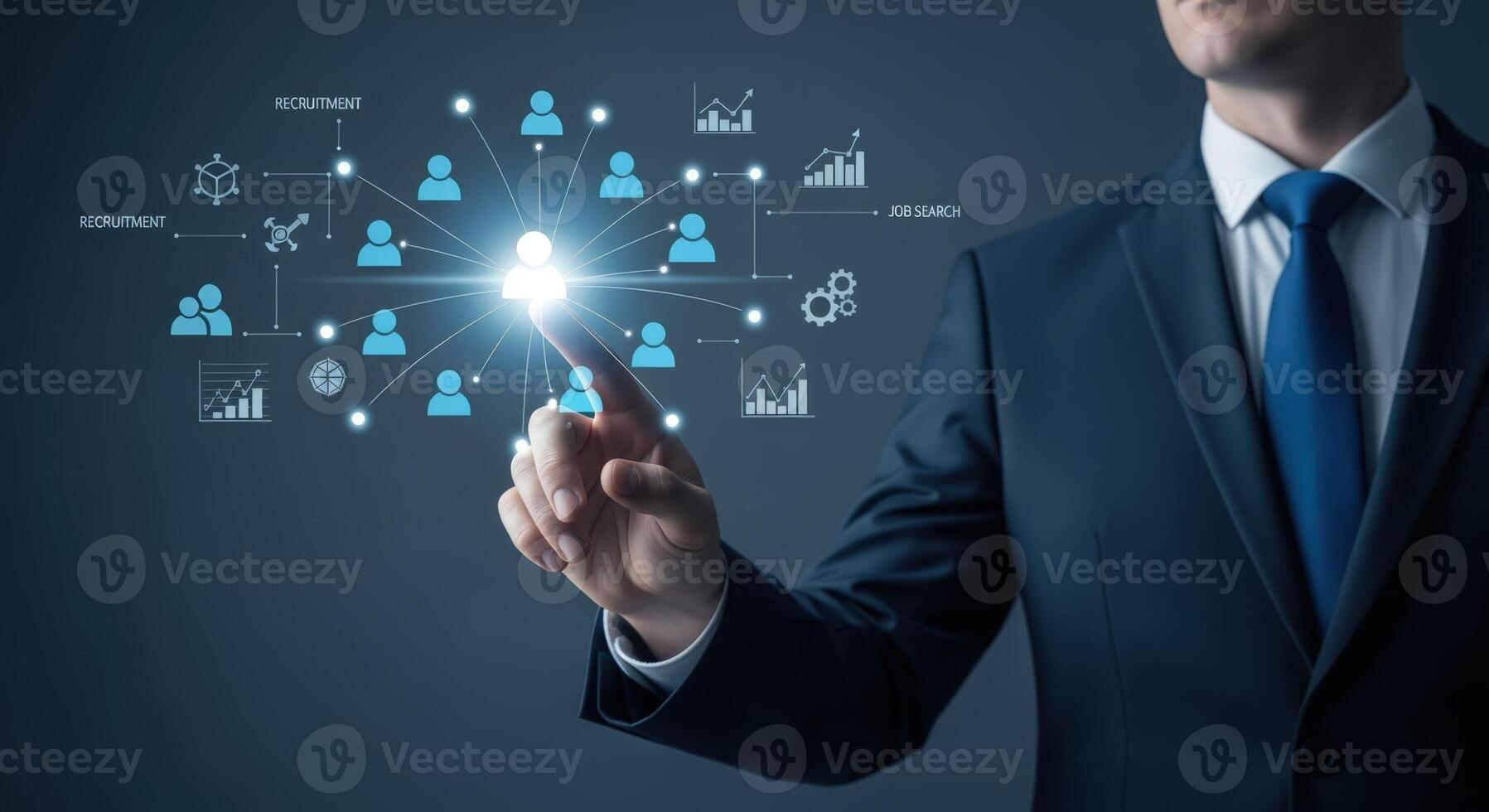 Business Man Interacting with Digital Network Interface Representing Teamwork, Analytics, and Global Connections in Modern Technology photo