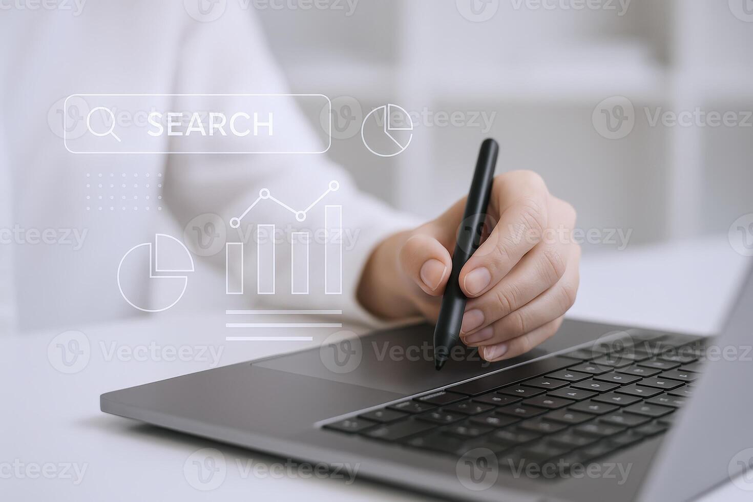Business Analysis and Data Visualization Person Using Laptop with Digital Chart Overlay for Strategic Decision Making photo