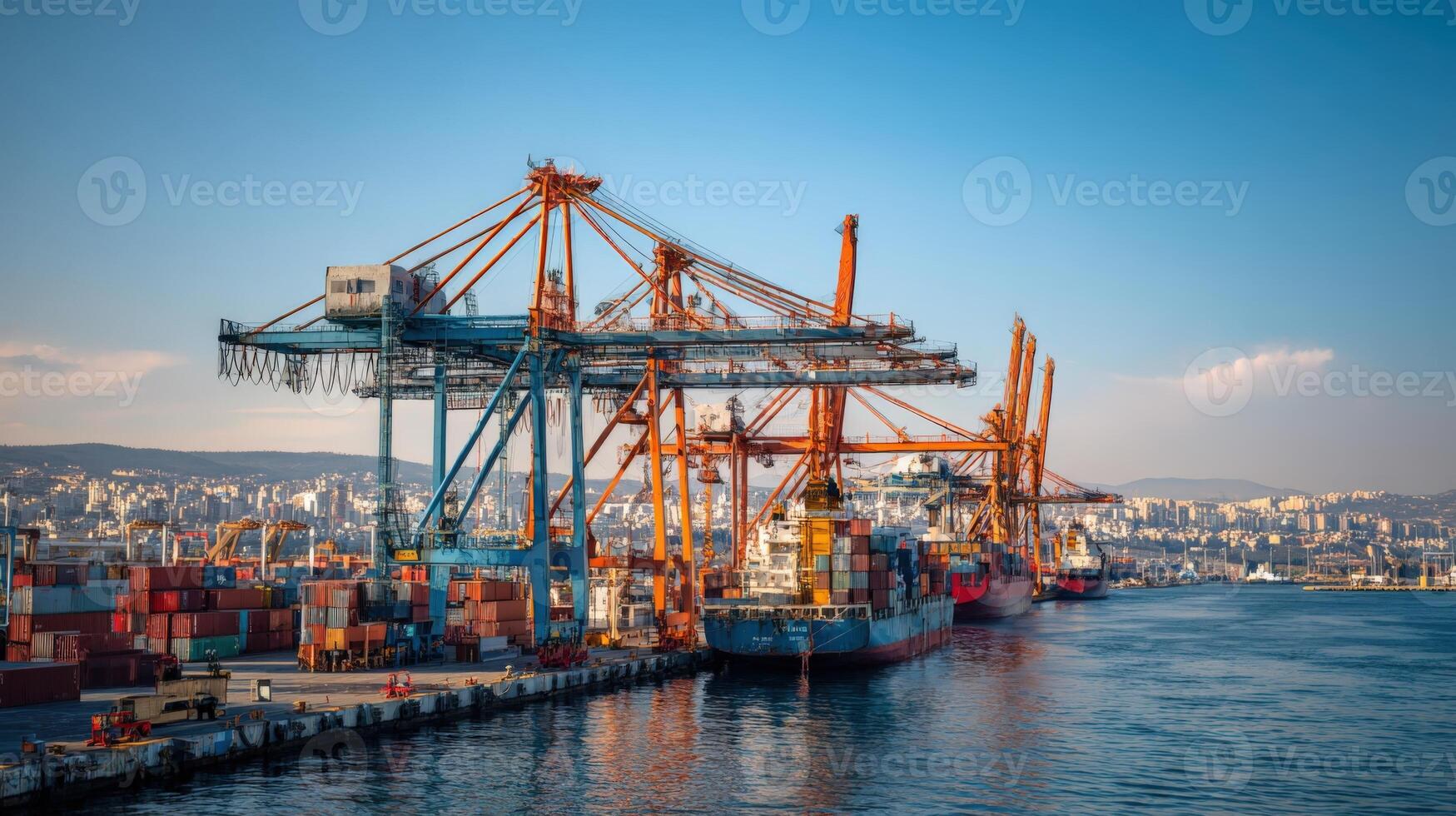 Busy Container Terminal with Cranes and Cargo Ships Loading and Unloading Goods, Logistics and Transportation photo