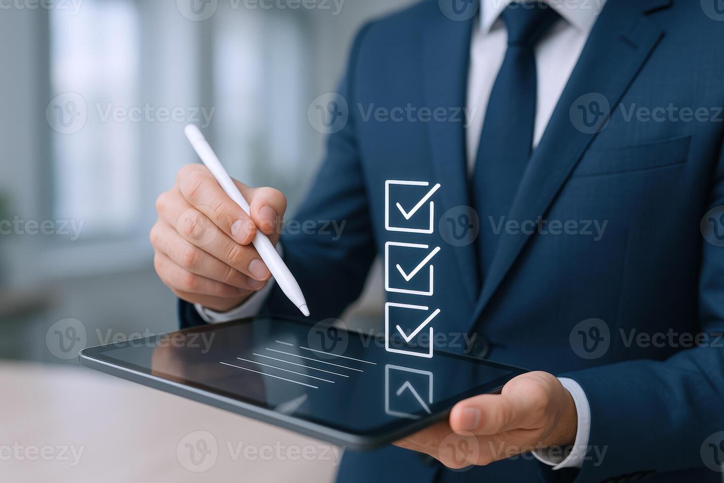Businessman Completing Digital Checklist on Tablet with Stylus, Representing Task Management and Efficiency in Business photo